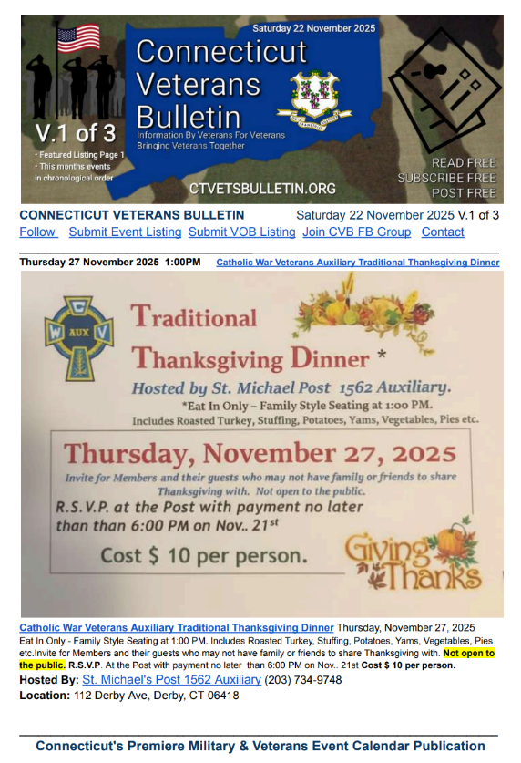 Thursday 27 November 2025 1:00PM Catholic War Veterans Auxiliary Traditional Thanksgiving Dinner