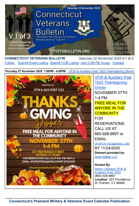 Thursday 27 November 2025 12:00PM - 2:00PM Plainfield VFW Post 5446 & auxiliary FREE Thanksgiving Meal