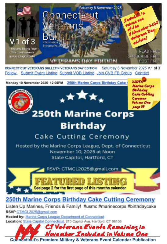V1 CVB's Weekly Connecticut Veterans Calendar Publication Marine Corps 250th Birthday - Veterans Day Edition Saturday 8 November 2025 250th Marine Corps Birthday Cake Cutting Ceremony featured listing