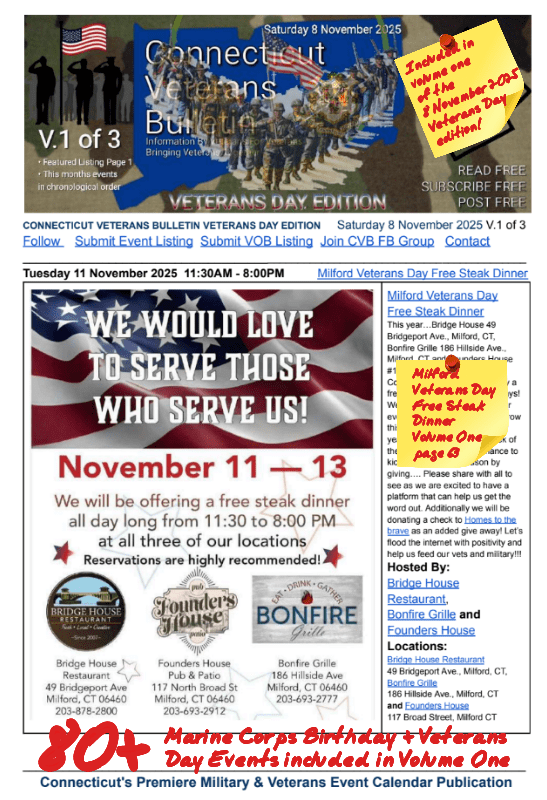 V1 CVB's Weekly Connecticut Veterans Calendar Publication Marine Corps 250th Birthday - Veterans Day Edition Saturday 8 November 2025 Milford Veterans Day Free Steak Dinner featured listing