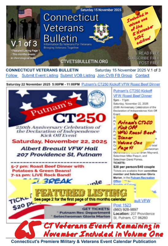 V1 CVB's Weekly Connecticut Veterans Calendar Publication Saturday 15 November 2025 Putnam's CT250 Kickoff VFW Roast Beef Dinner featured listing