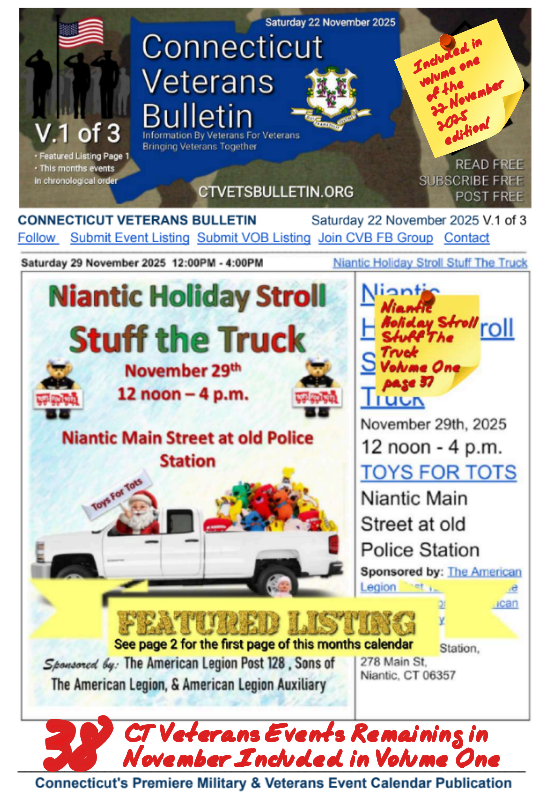 V1 CVB's Weekly Connecticut Veterans Calendar Publication Saturday 22 November 2025 Niantic Holiday Stroll Stuff The Truck featured listing