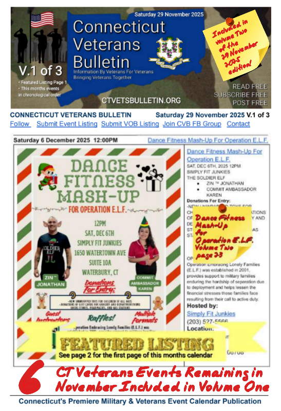 V1 CVB's Weekly Connecticut Veterans Calendar Publication Saturday 29 November 2025 Dance Fitness Mash-Up For Operation E.L.F. featured listing