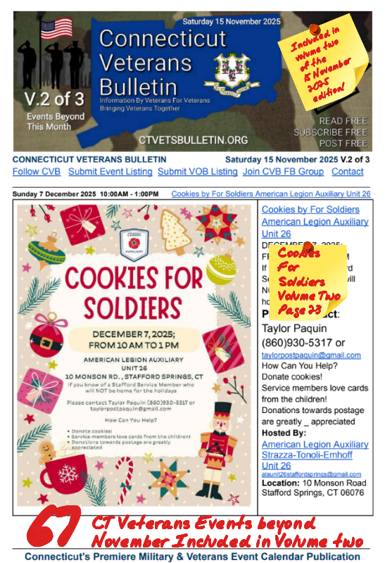 V2 CVB's Weekly Connecticut Veterans Calendar Publication Saturday 15 November 2025 Cookies For Soldiers featured listing