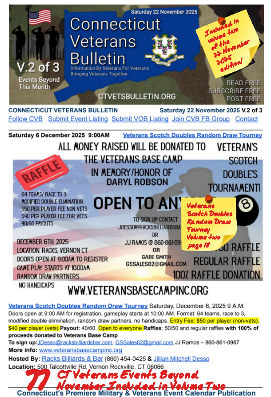 V2 CVB's Weekly Connecticut Veterans Calendar Publication Saturday 22 November 2025 Veterans Scotch Doubles Random Draw Tourney Featured Listing