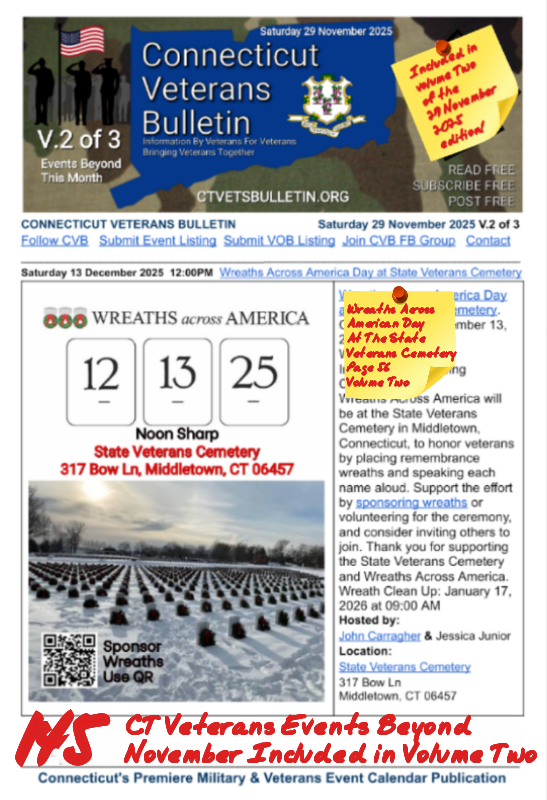 V2 CVB's Weekly Connecticut Veterans Calendar Publication Saturday 29 November 2025 Wreaths Across America At The State Veterans Cemetery featured