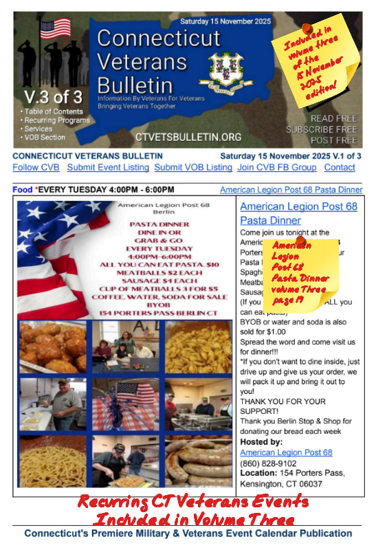 V3 CVB's Weekly Connecticut Veterans Calendar Publication Saturday 15 November 2025 American Legion Post 68 Pasta Dinner featured listing