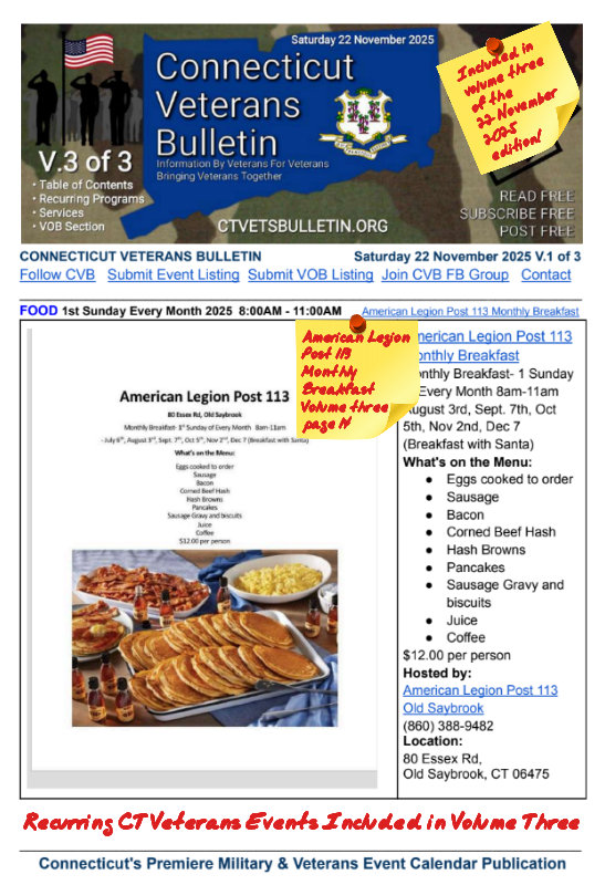 V3 CVB's Weekly Connecticut Veterans Calendar Publication Saturday 22 November 2025 American Legion Post 113 Monthly Breakfast featured listing