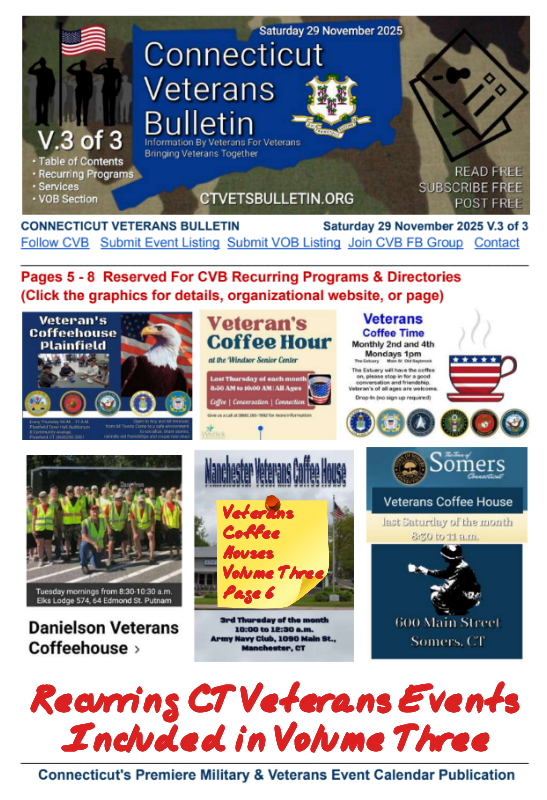 V3 CVB's Weekly Connecticut Veterans Calendar Publication Saturday 29 November 2025 Veterans Coffee Houses Featured Page