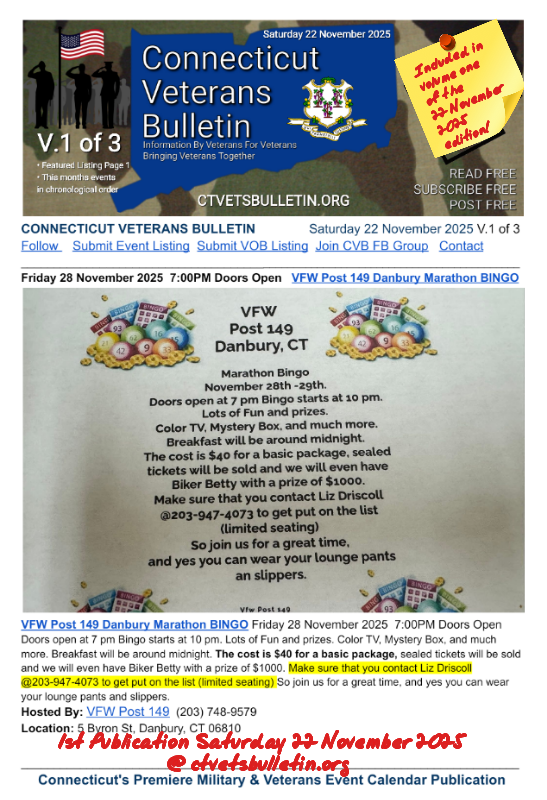 VFW Post 149 Danbury Marathon BINGO