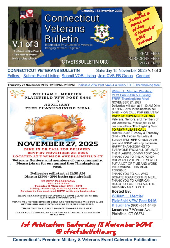 William L. Mercier Plainfield VFW Post 5446 & auxiliary FREE Thanksgiving Meal
