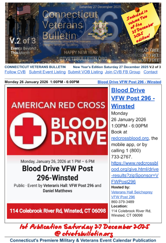 Blood Drive VFW Post 296 - Winsted January 26, 2026