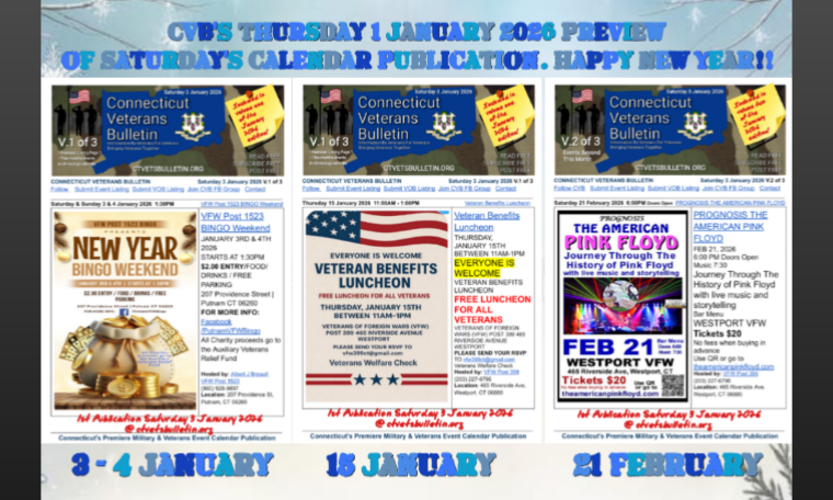 CVB’S Thursday 1 January 2026 Preview of Saturday’s Calendar Publication. Happy New Year!!