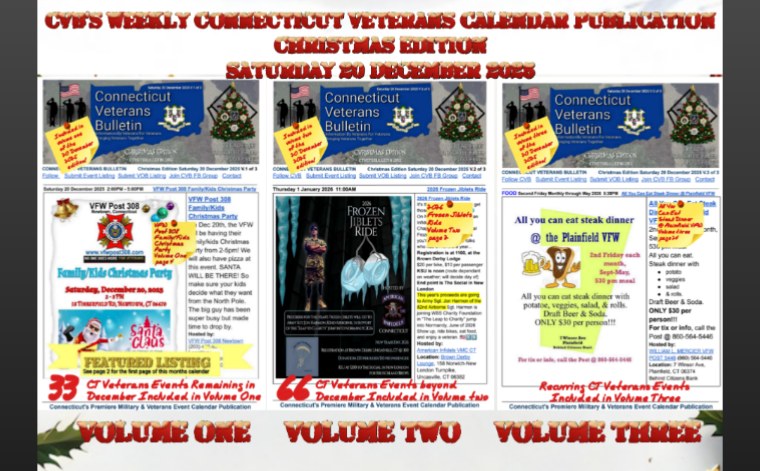 CVB's Weekly Connecticut Veterans Calendar Publication Christmas Edition Saturday 20 December 2025