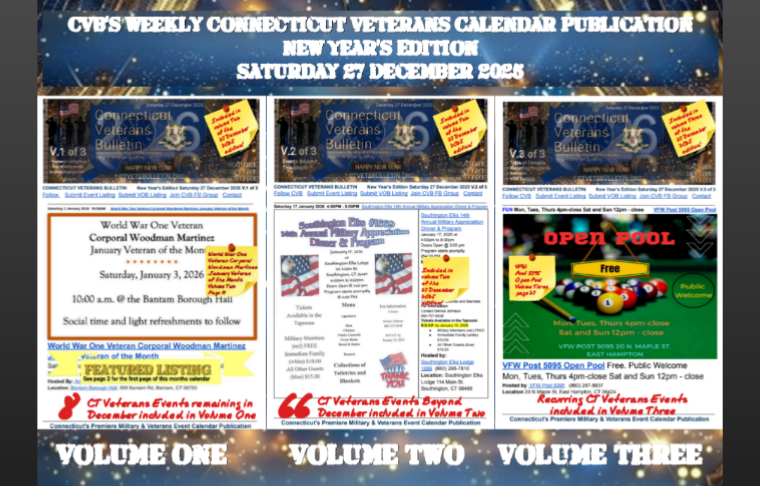 CVB's Weekly Connecticut Veterans Calendar Publication New Year's Edition Saturday 27 December 2025