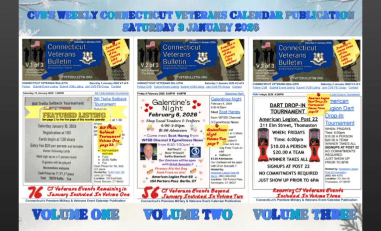 CVB's Weekly Connecticut Veterans Calendar Publication Saturday 3 January 2026