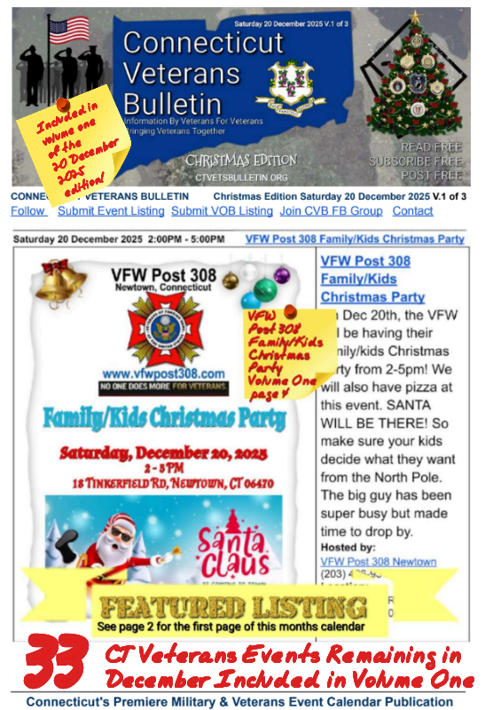 CVB's Weekly Connecticut Veterans Calendar Publication Christmas Edition Saturday 20 December 2025 VFW Post 308 Family - Kids Christmas Party Featured Listing