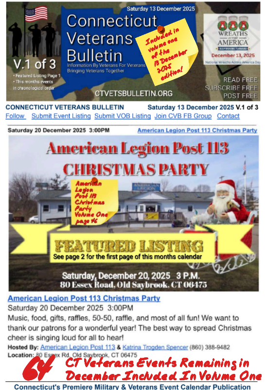 V1 CVB's Weekly Connecticut Veterans Calendar Publication National Wreaths Across America Day Saturday 13 December 2025 American Legion Post 113 Christmas Party featured listing
