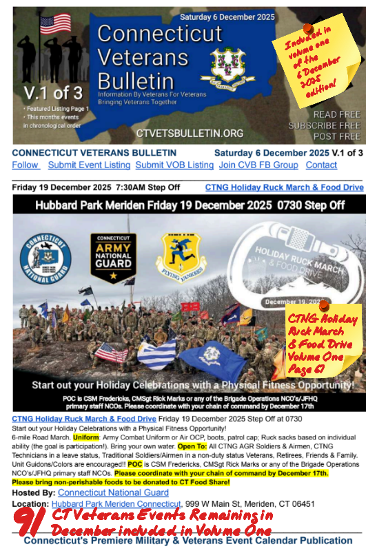 V1 CVB's Weekly Connecticut Veterans Calendar Publication Saturday 6 December 2025 CTNG Holiday Ruck March & Food Drive featured listing 2