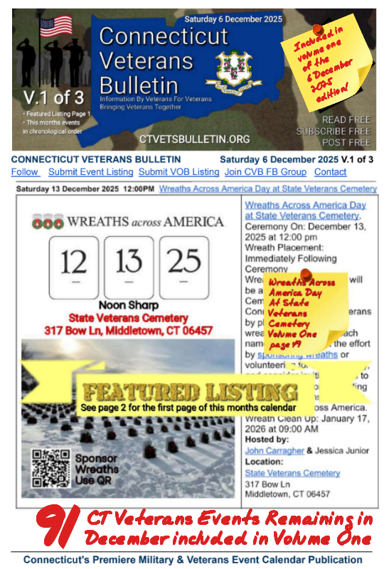 V1 CVB's Weekly Connecticut Veterans Calendar Publication Saturday 6 December 2025 Wreaths Across America At State Veterans Cemetery featured listing
