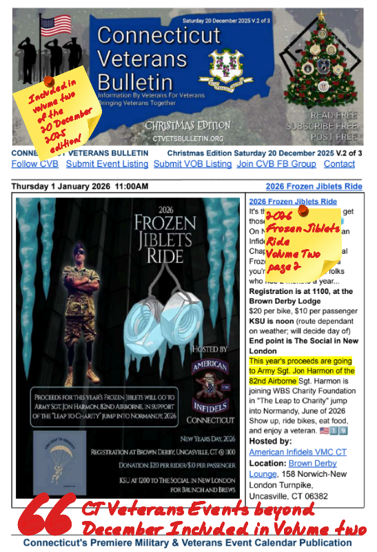 V2 CVB's Weekly Connecticut Veterans Calendar Publication Christmas Edition Saturday 20 December 2025 - 2026 Frozen Jiblets Ride Featured Listing
