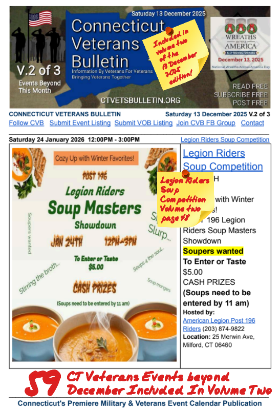 V2 CVB's Weekly Connecticut Veterans Calendar Publication National Wreaths Across America Day Saturday 13 December 2025 Legion Riders Soup Competition featured listing