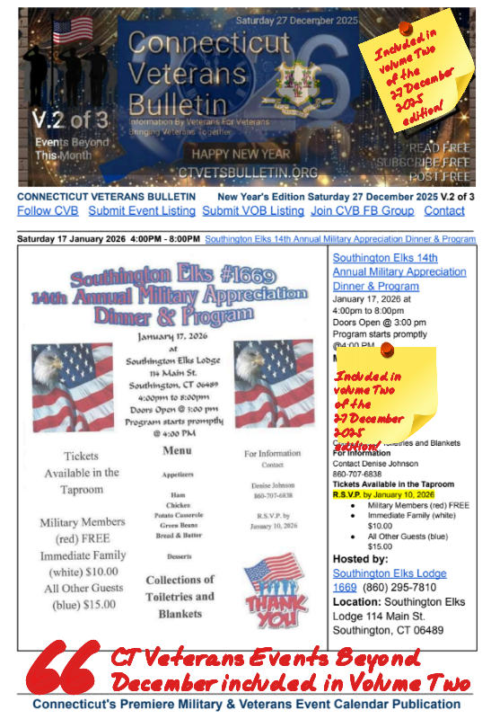 V2 CVB's Weekly Connecticut Veterans Calendar Publication New Year's Edition Saturday 27 December 2025, Southington Elks 14th Annual Military Appreciation Dinner & Program, Featured Listing