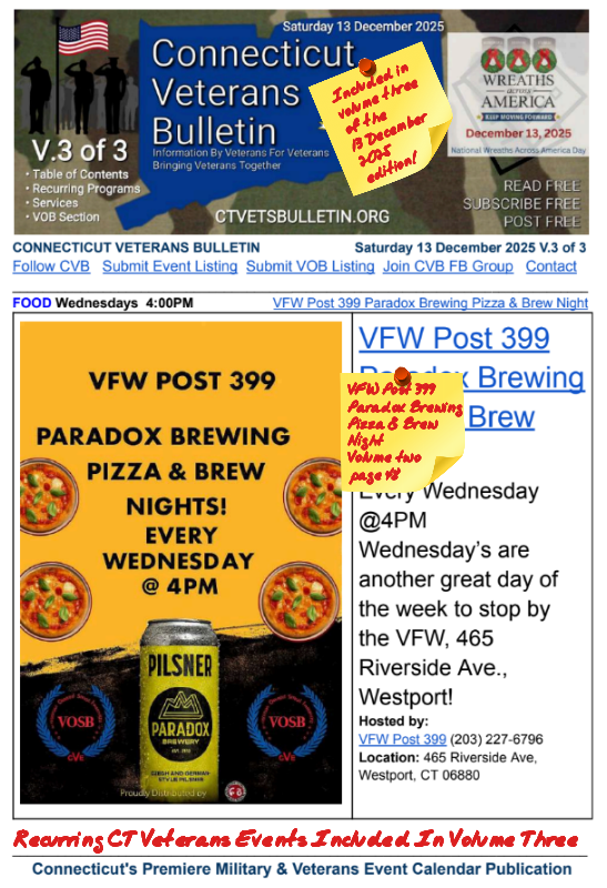 V3 CVB's Weekly Connecticut Veterans Calendar Publication National Wreaths Across America Day Saturday 13 December 2025 VFW Post 399 Paradox Brewing Pizza and Brew Night featured listing