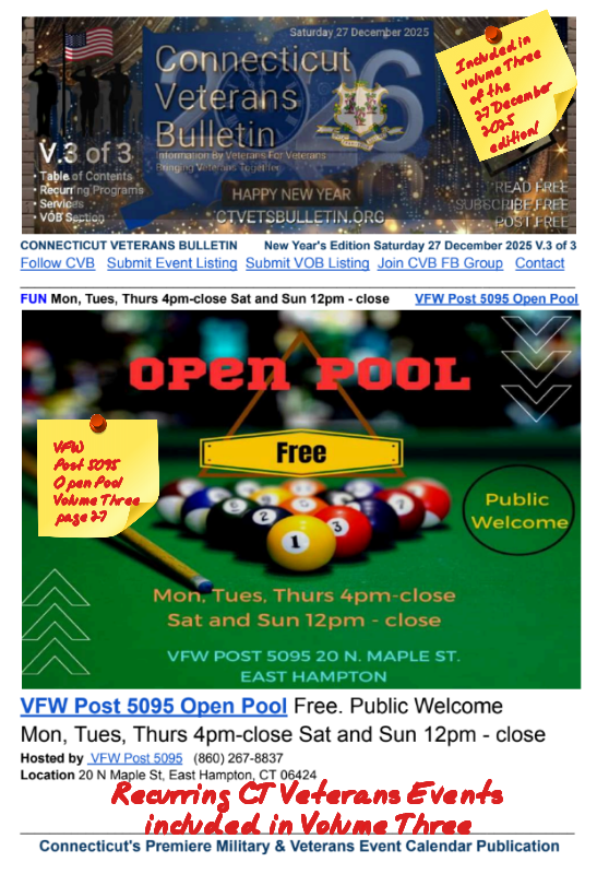 V3 CVB's Weekly Connecticut Veterans Calendar Publication New Year's Edition Saturday 27 December 2025, VFW Post 5085 Open Pool, Featured Listing