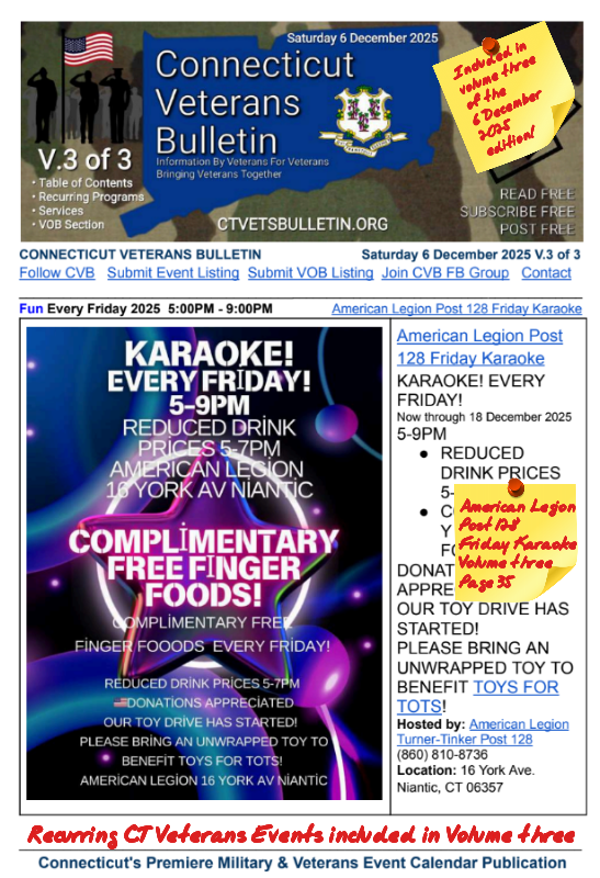 V3 CVB's Weekly Connecticut Veterans Calendar Publication Saturday 6 December 2025 American Legion Post 128 Friday Karaoke featured listing