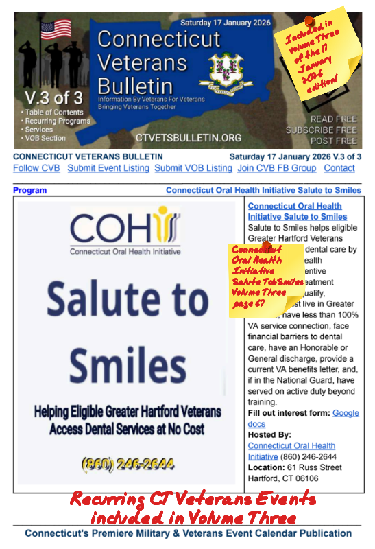 V3 CVB's Weekly Connecticut Veterans Calendar Publication Saturday 17 January 2026, Connecticut Oral Health Initiative Salute To Smiles, Featured Listing