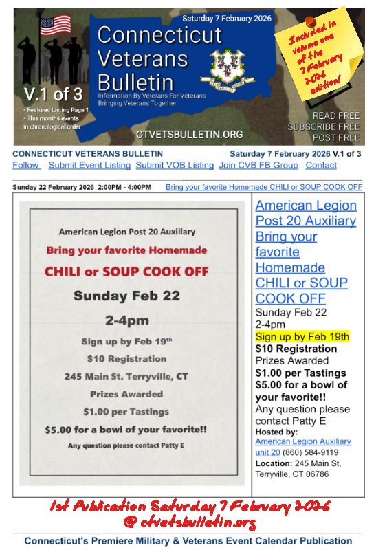American Legion Post 20 Auxiliary Bring your favorite Homemade CHILI or SOUP COOK OFF