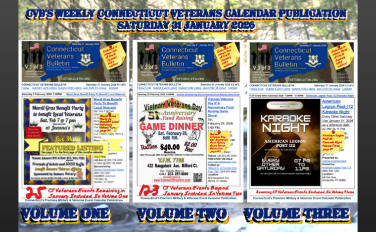 CVB's Weekly Connecticut Veterans Calendar Publication Saturday 31 January 2026