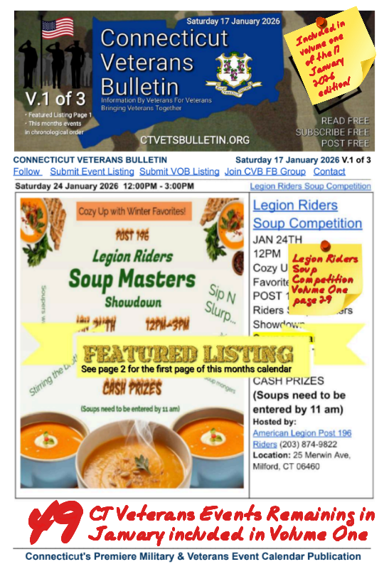 V1 CVB's Weekly Connecticut Veterans Calendar Publication Saturday 17 January 2026, Legion Riders Soup Competition, Featured Listing