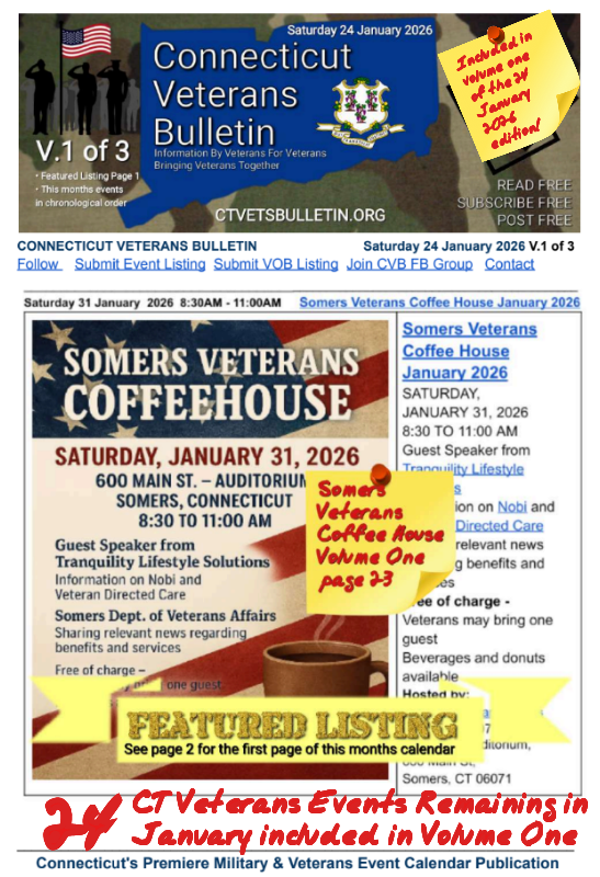 V1 CVB's Weekly Connecticut Veterans Calendar Publication Saturday 24 January 2026, Somers Veterans Coffee House January 2026, Featured Listing