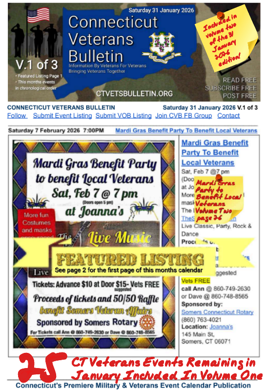 V1 CVB's Weekly Connecticut Veterans Calendar Publication Saturday 31 January 2026, Mardi Gras Party to Benefit Local Veterans, Featured Listing