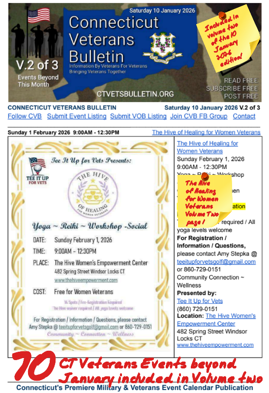 V2 CVB's Weekly Connecticut Veterans Calendar Publication Saturday 10 January 2026, The Hive of Healing for Women Veterans, Featured Listing