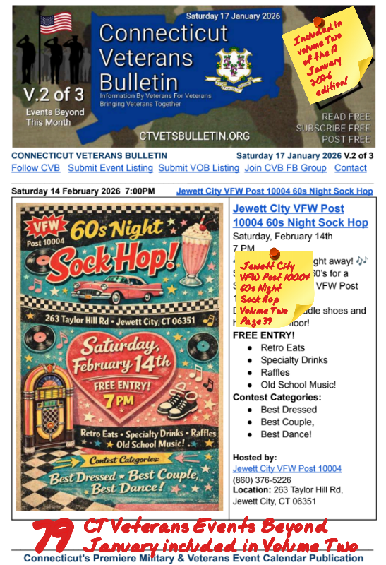 V2 CVB's Weekly Connecticut Veterans Calendar Publication Saturday 17 January 2026, Jewett City VFW Post 10004 60s Night Sock Hop, Featured Listing