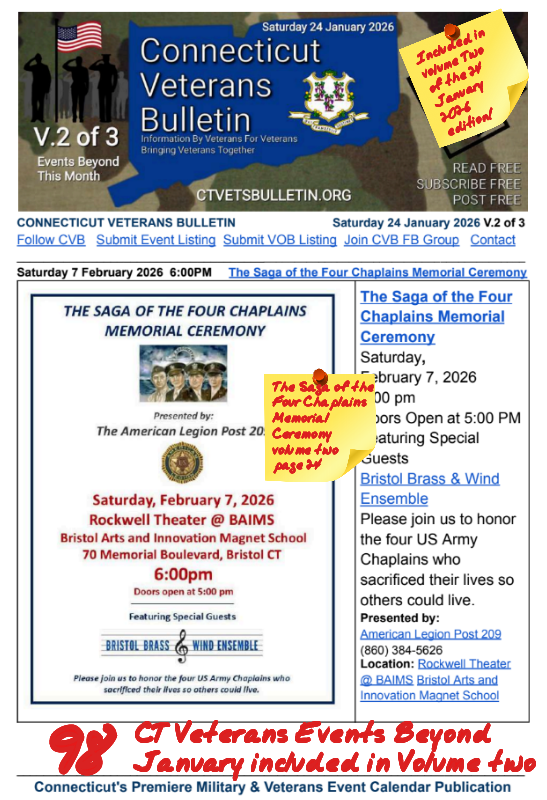 V2 CVB's Weekly Connecticut Veterans Calendar Publication Saturday 24 January 2026, The Saga of the Four Chaplains Memorial Ceremony, Featured Listing