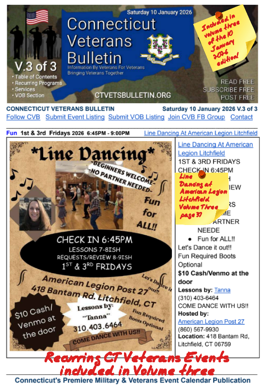 V3 CVB's Weekly Connecticut Veterans Calendar Publication Saturday 10 January 2026, Line Dancing At American Legion Litchfield, Featured Listing