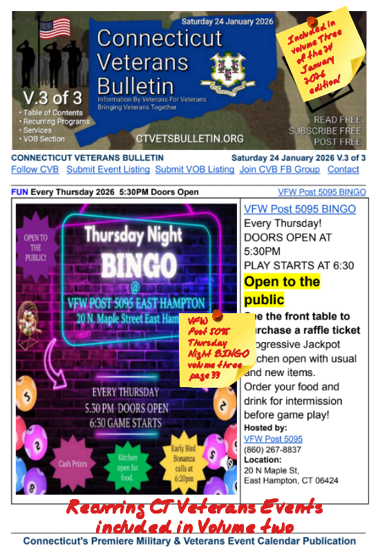 V3 CVB's Weekly Connecticut Veterans Calendar Publication Saturday 24 January 2026, VFW Post 5095 Thursday Night BINGO, Featured Listing