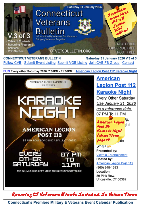 V3 CVB's Weekly Connecticut Veterans Calendar Publication Saturday 31 January 2026, American Legion Post 112 Karaoke Night, Featured Listing