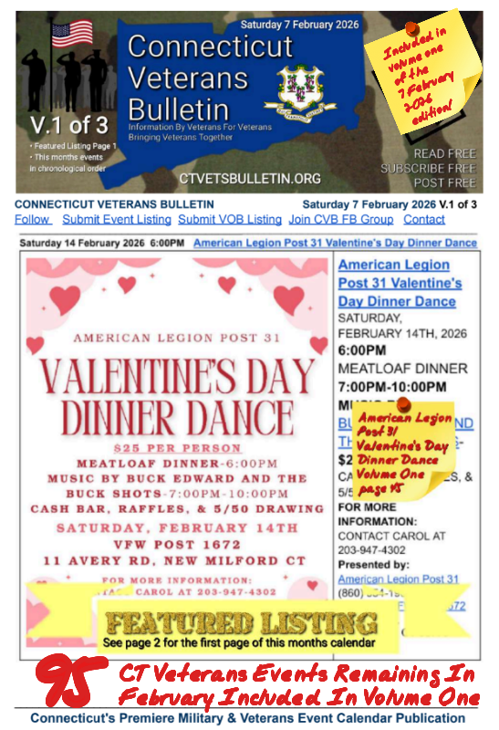 V1 CVB's Weekly Connecticut Veterans Calendar Publication Saturday 7 February 2026, American Legion Post 31 Valentine's Day Dinner Dance, featured image