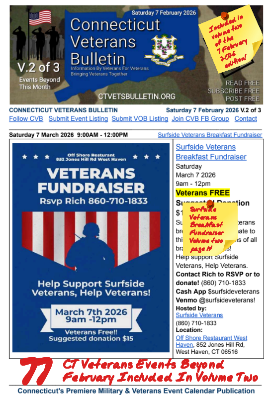 V2 CVB's Weekly Connecticut Veterans Calendar Publication Saturday 7 February 2026, Surfside Veterans Breakfast Fundraiser, featured listing